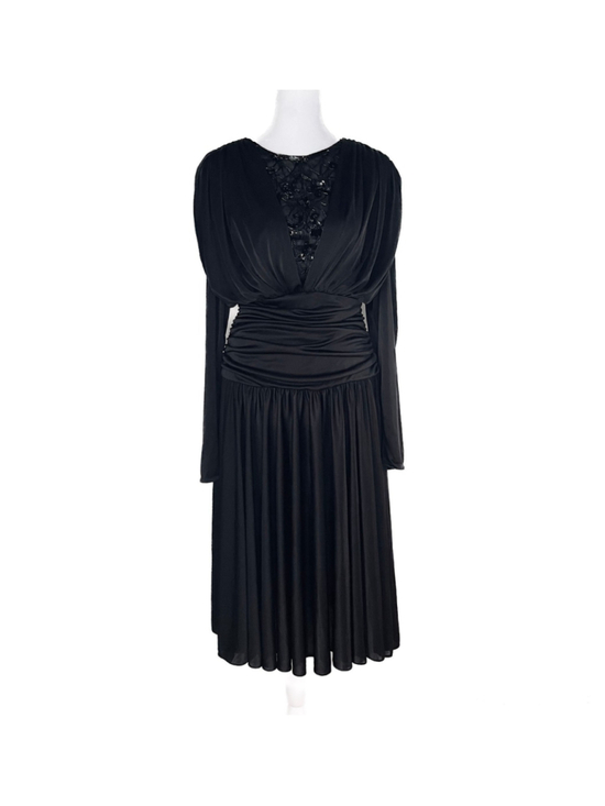 Abby Kent Dresses & Skirts - Vintage Abby Kent Black Beaded Illusion Midi Dress Ruched Gothic Glam USA M